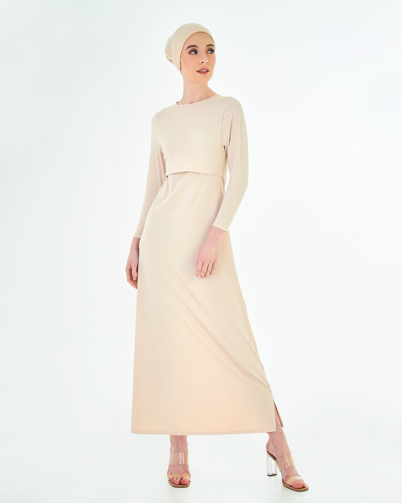 NWEAR CREW NECK LONG SLEEVE DRESS - WHEAT