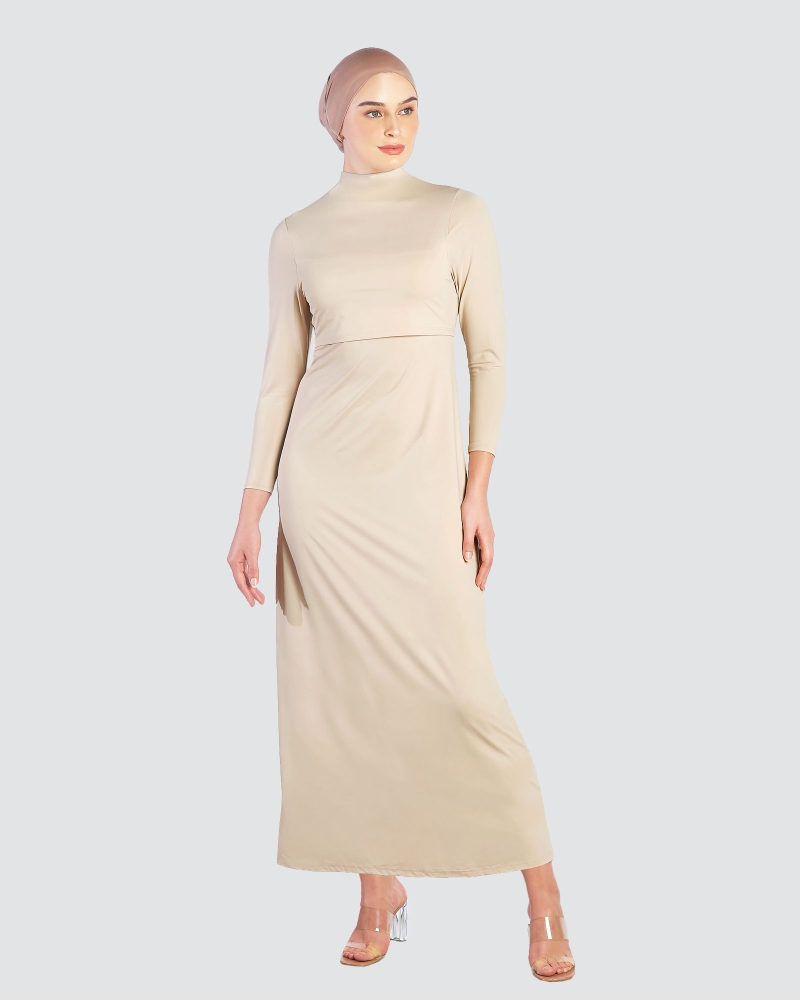 NWEAR HIGH NECK LONG SLEEVE DRESS - WHEAT