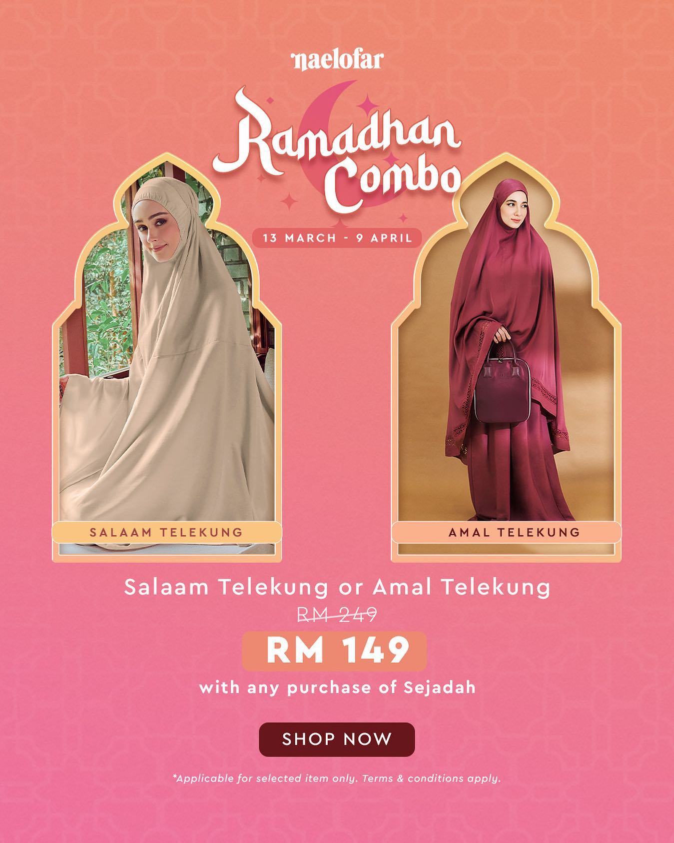 Get Ramadhan ready with this Ramadhan Combo promo happening now! If you've been eyeing our Telekung and Sejadah for a while, this is the perfect time to get your hands on 'em. That's right, get either Telekung at RM149 with any purchase of Sejadah✨ Tag someone you know who wouldn't wanna miss this deal. Don't say we tak payung 💁🏻‍♀️ <br/>
<br/>
#Naelofar